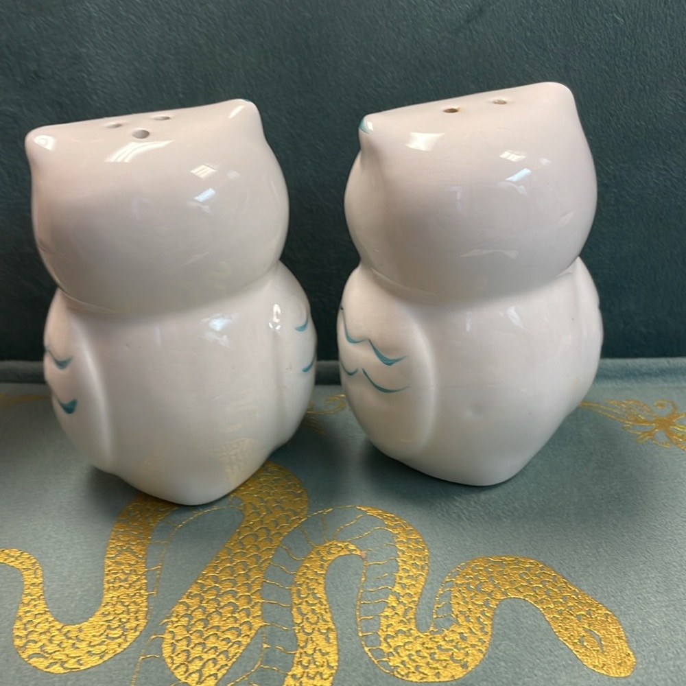 VINTAGE OWL SALT PEPPER SHAKERS TEAL & WHITE - Picture 6 of 7